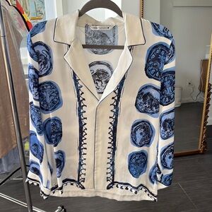 Zara White and Blue Patterned Blouse
